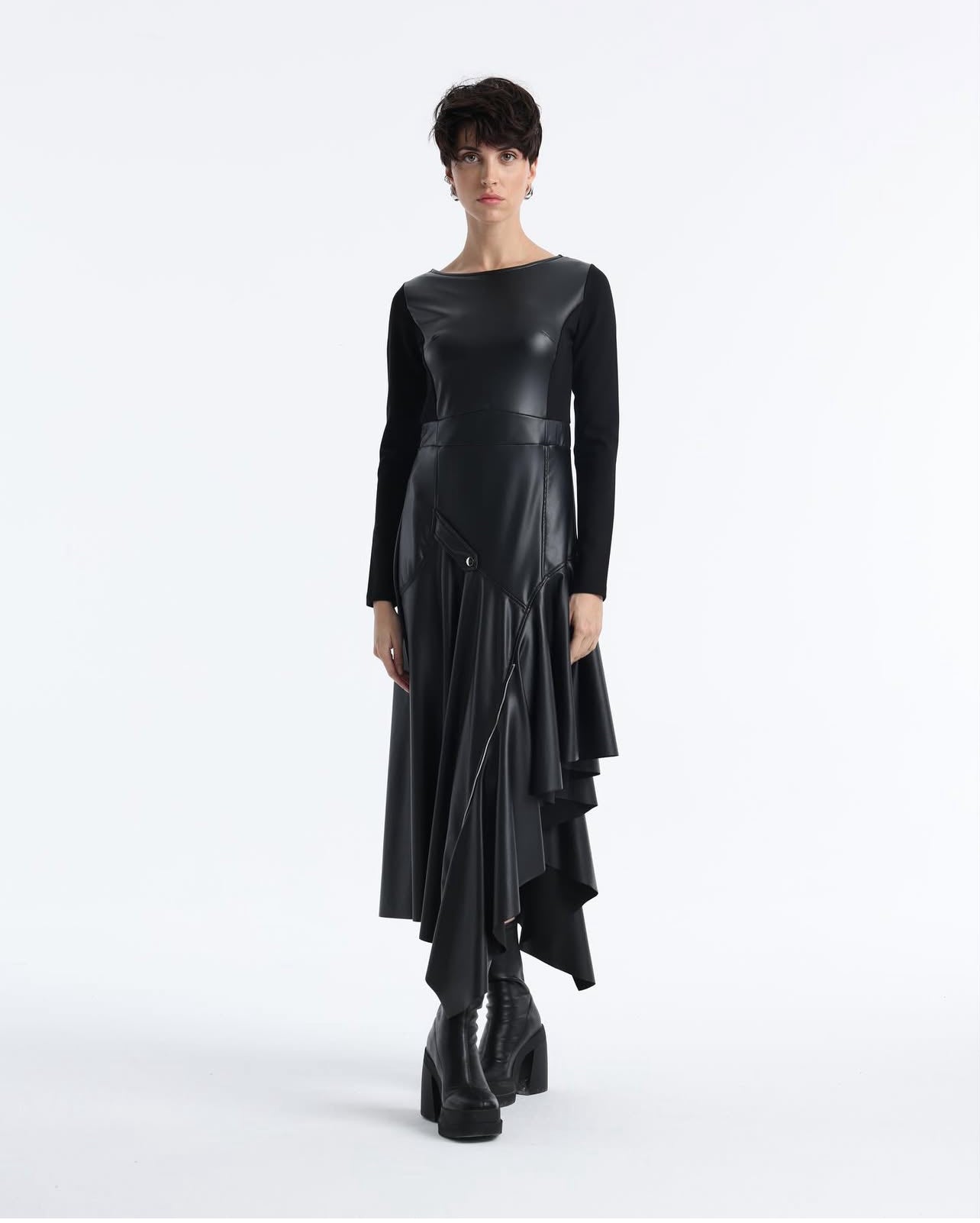 Raven Asymmetry Leather Dress.