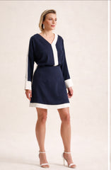 2-in-1 Convertible Dress Set – Navy & Ivory Contrast A-Line Overlay Dress | Tashelion