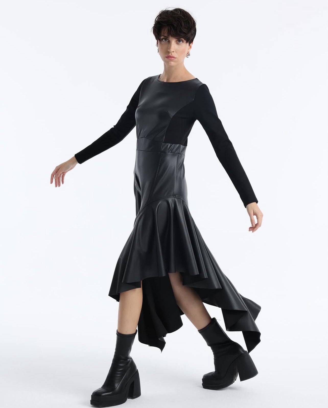 Raven Asymmetry Leather Dress.