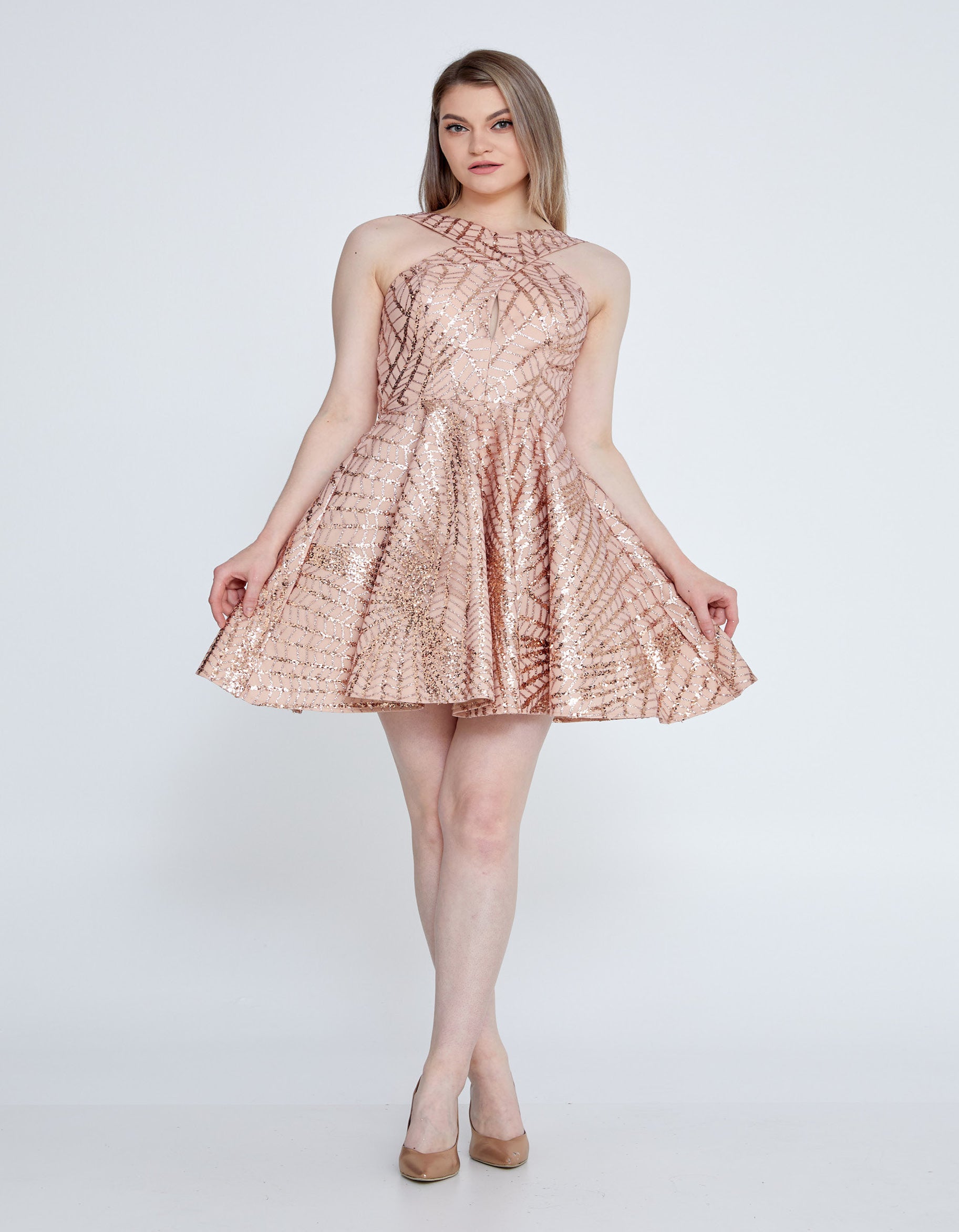 Celestial Glow Sequin Halter Dress