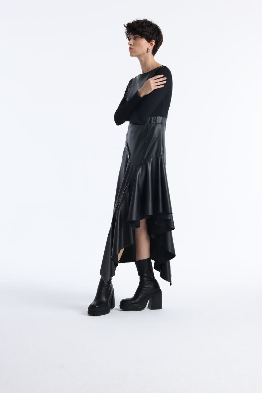 Raven Asymmetry Leather Dress.